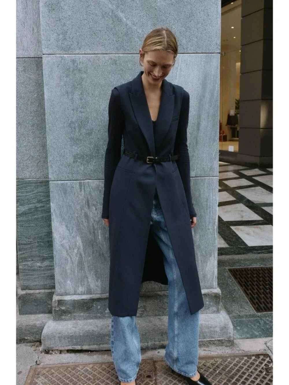 Zara Womens Waistcoat Long Vest Small Navy Blue Belted Blazer 8899/537 NWT